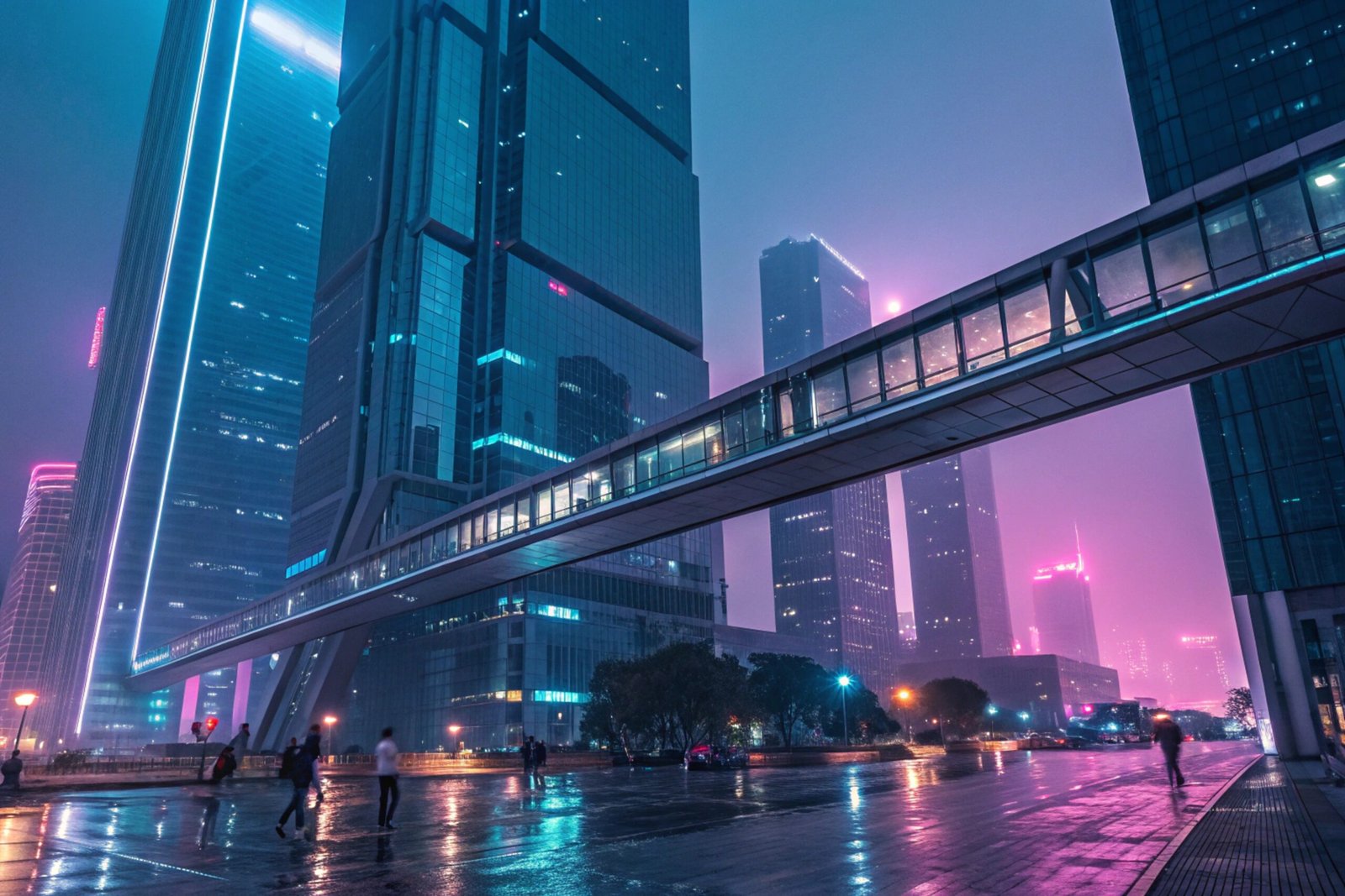 Futuristic Sky Bridge in Cyberpunk City