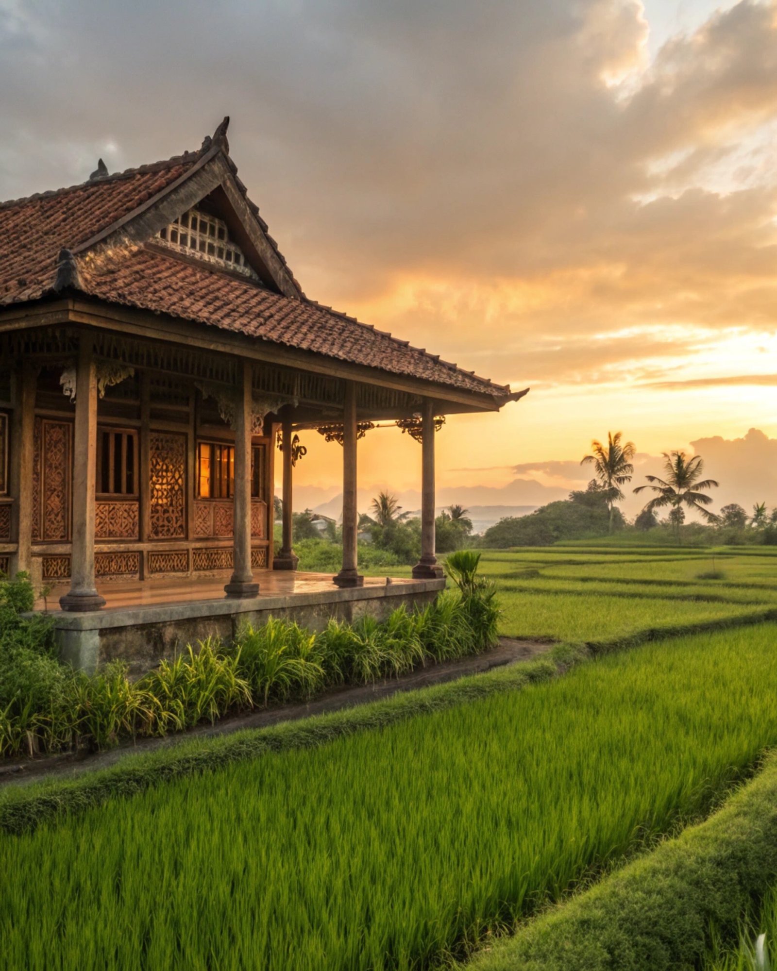 Javanese Joglo House at Sunset