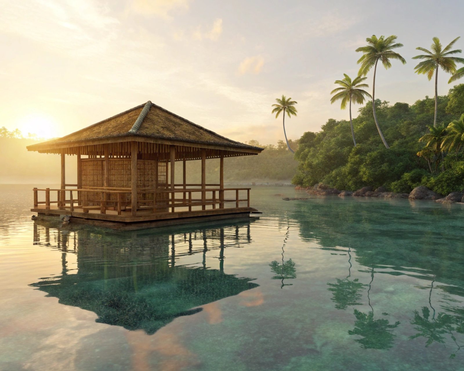 Floating Bamboo Pavilion at Sunrise