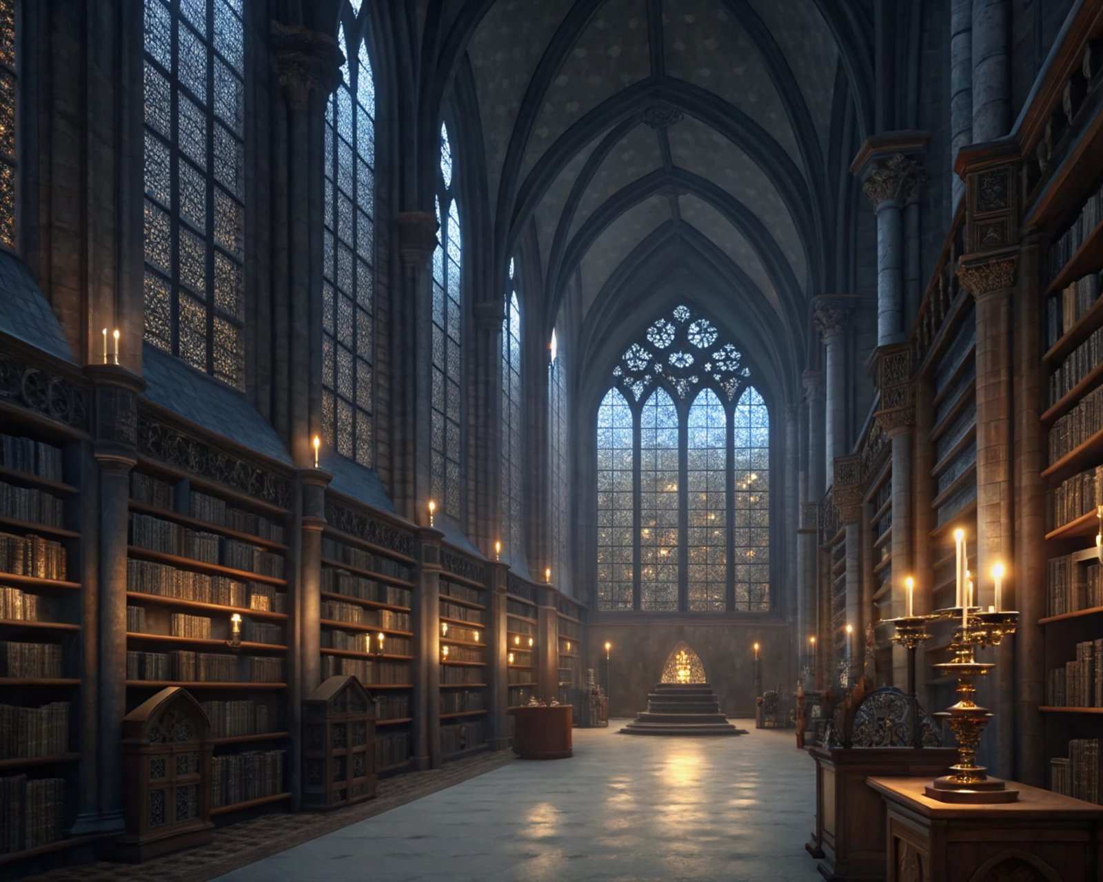 Gothic Library with Stained Glass