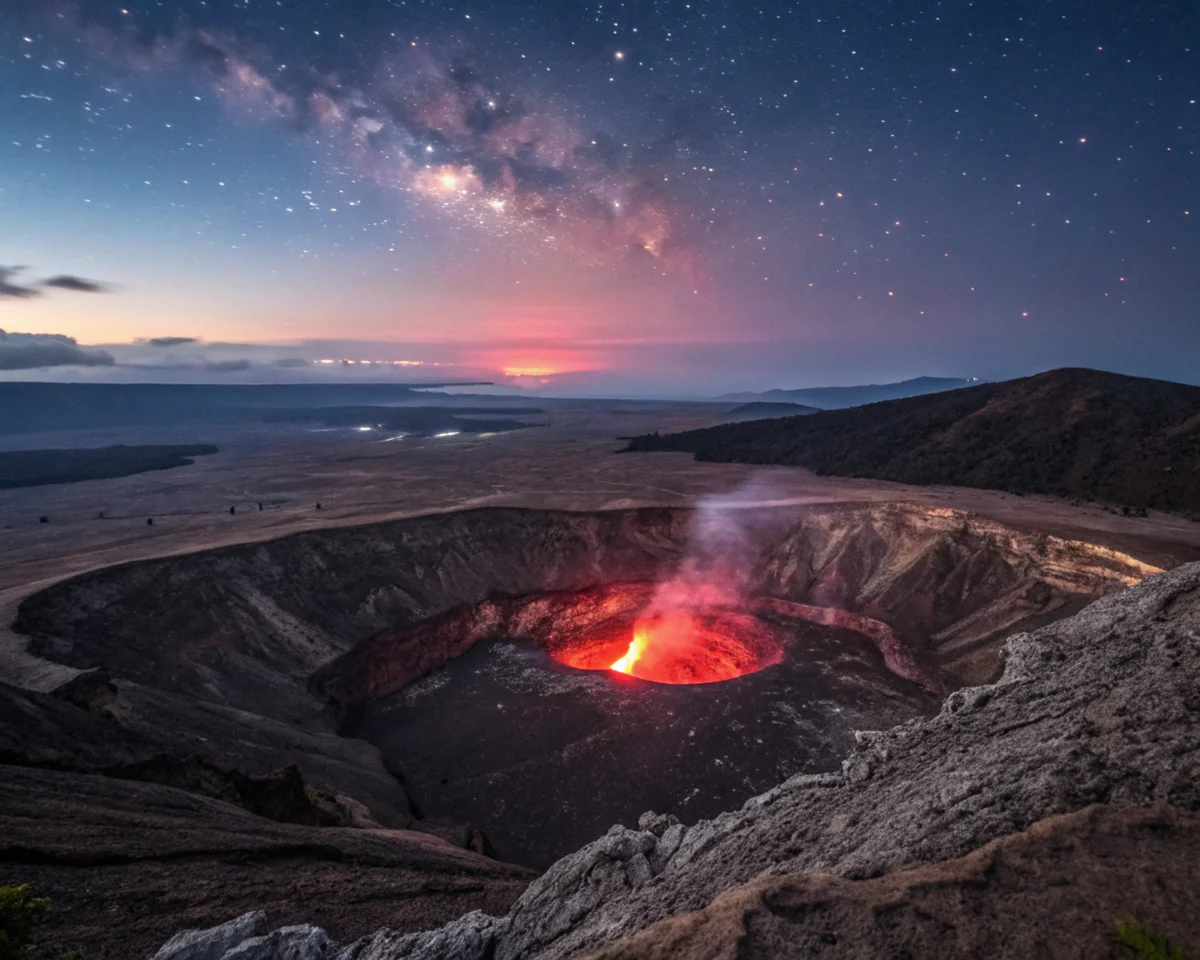 Volcanic Crater with Lava at Dusk