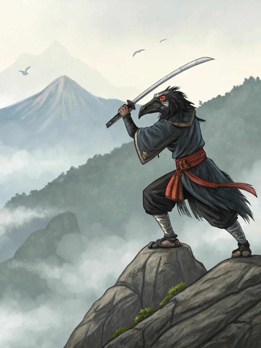 Tengu Practicing Swordsmanship on Peak