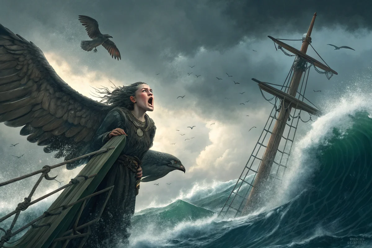 Harpy on Shipwreck Mast in Storm