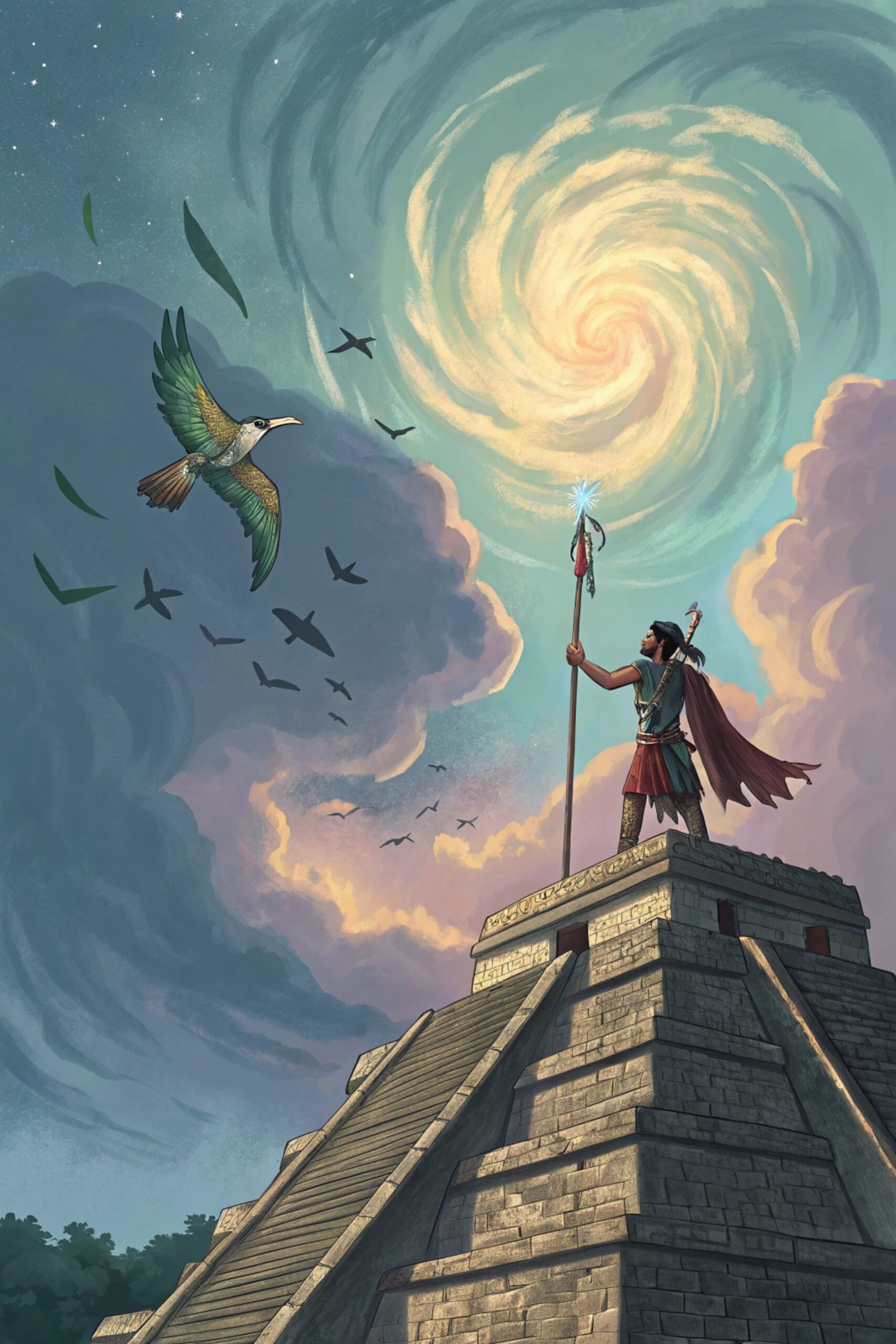 Mayan Storm God on Pyramid