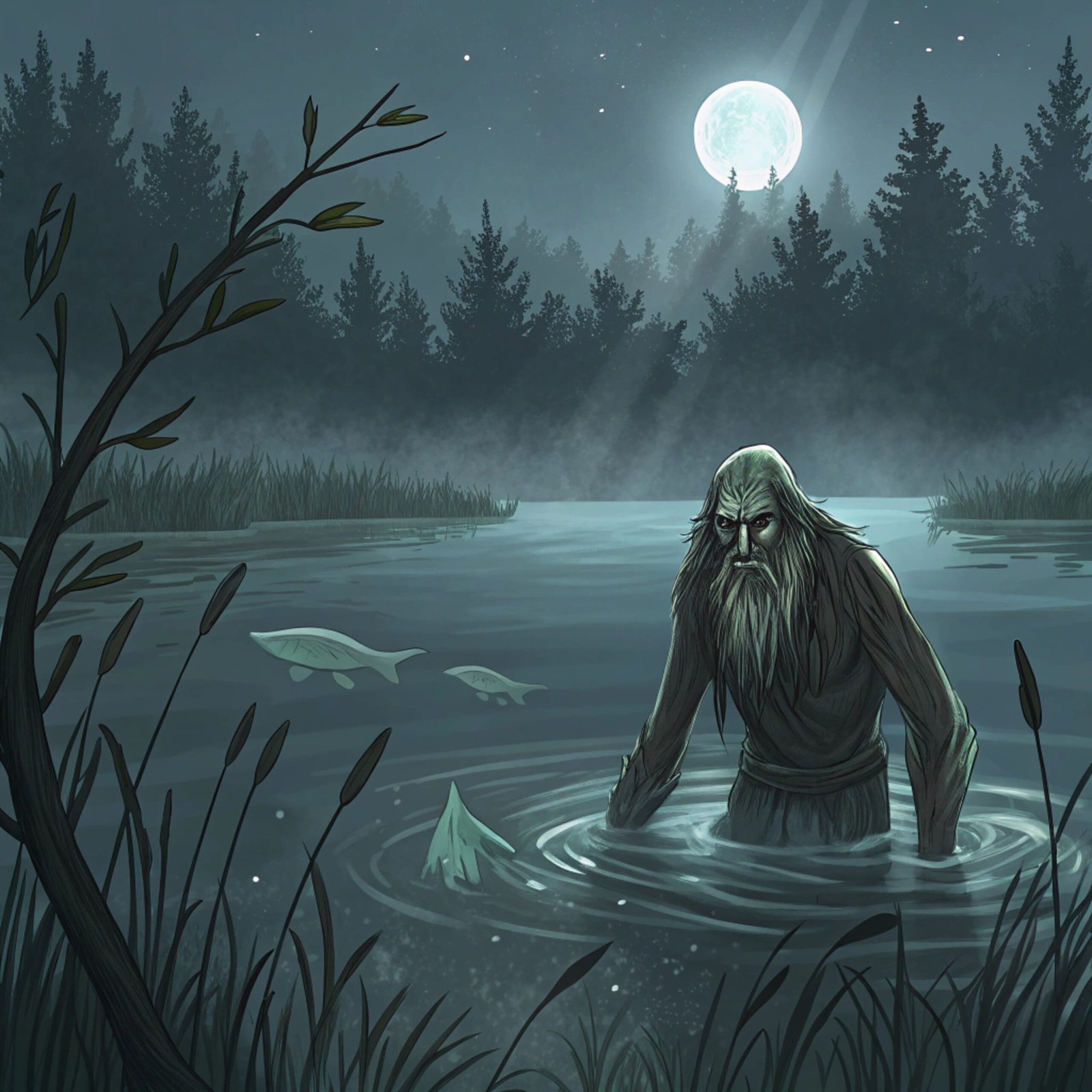 Vodyanoy Lurking in Moonlit Lake