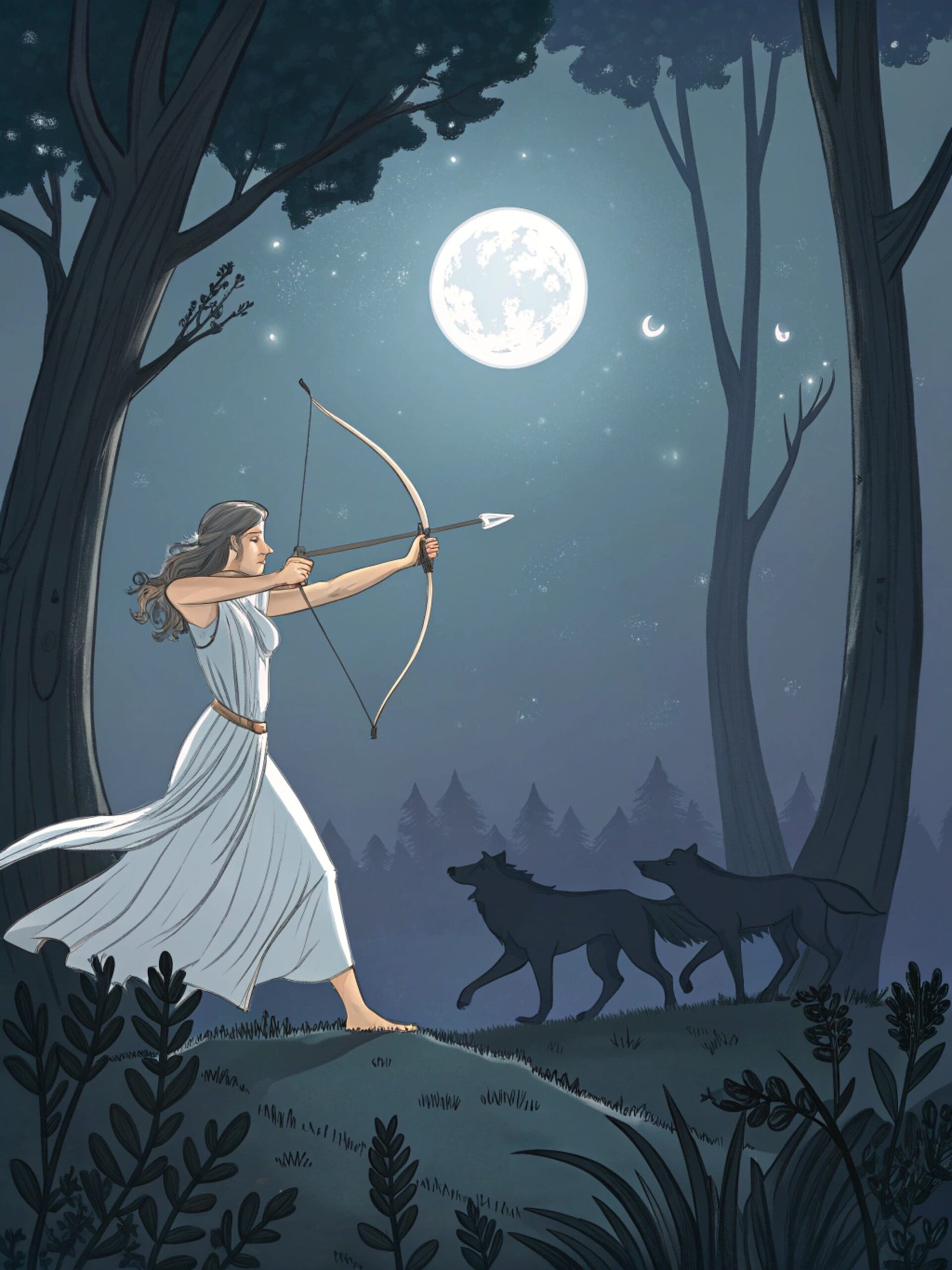 Artemis Hunting in Moonlit Forest