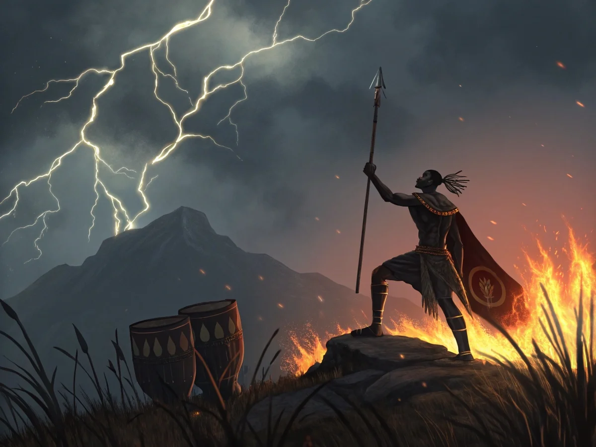 Shango Wielding Lightning on Mountaintop
