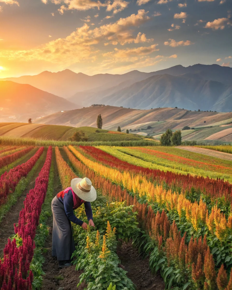 Vibrant Peruvian Quinoa Field at Sunrise