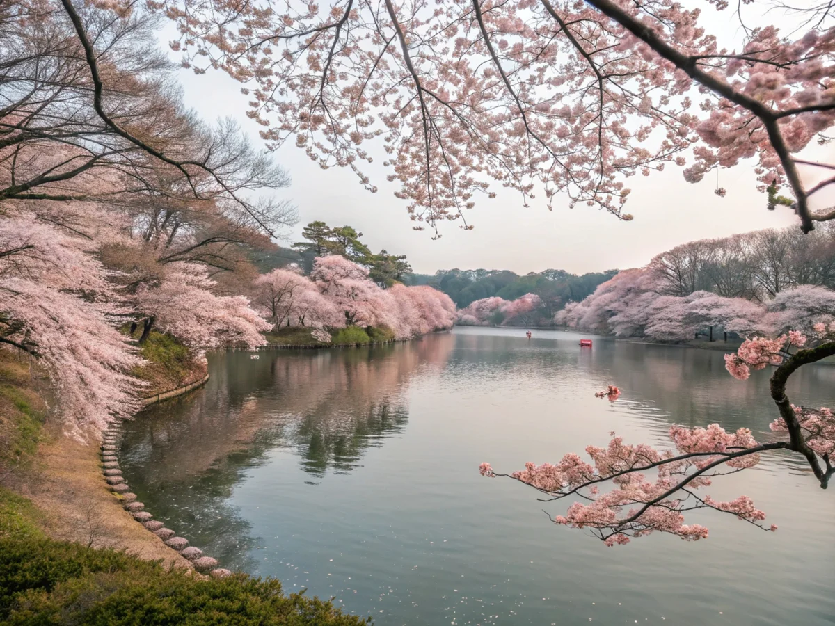 Cherry Blossom Lake with Floating Petals
