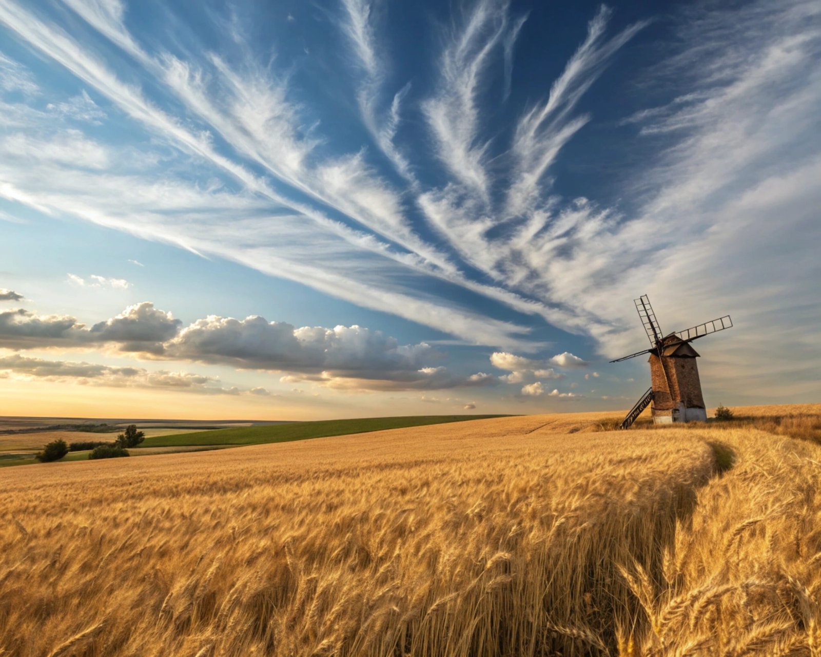 Golden Wheat Field with Windmill - Vast Landscape