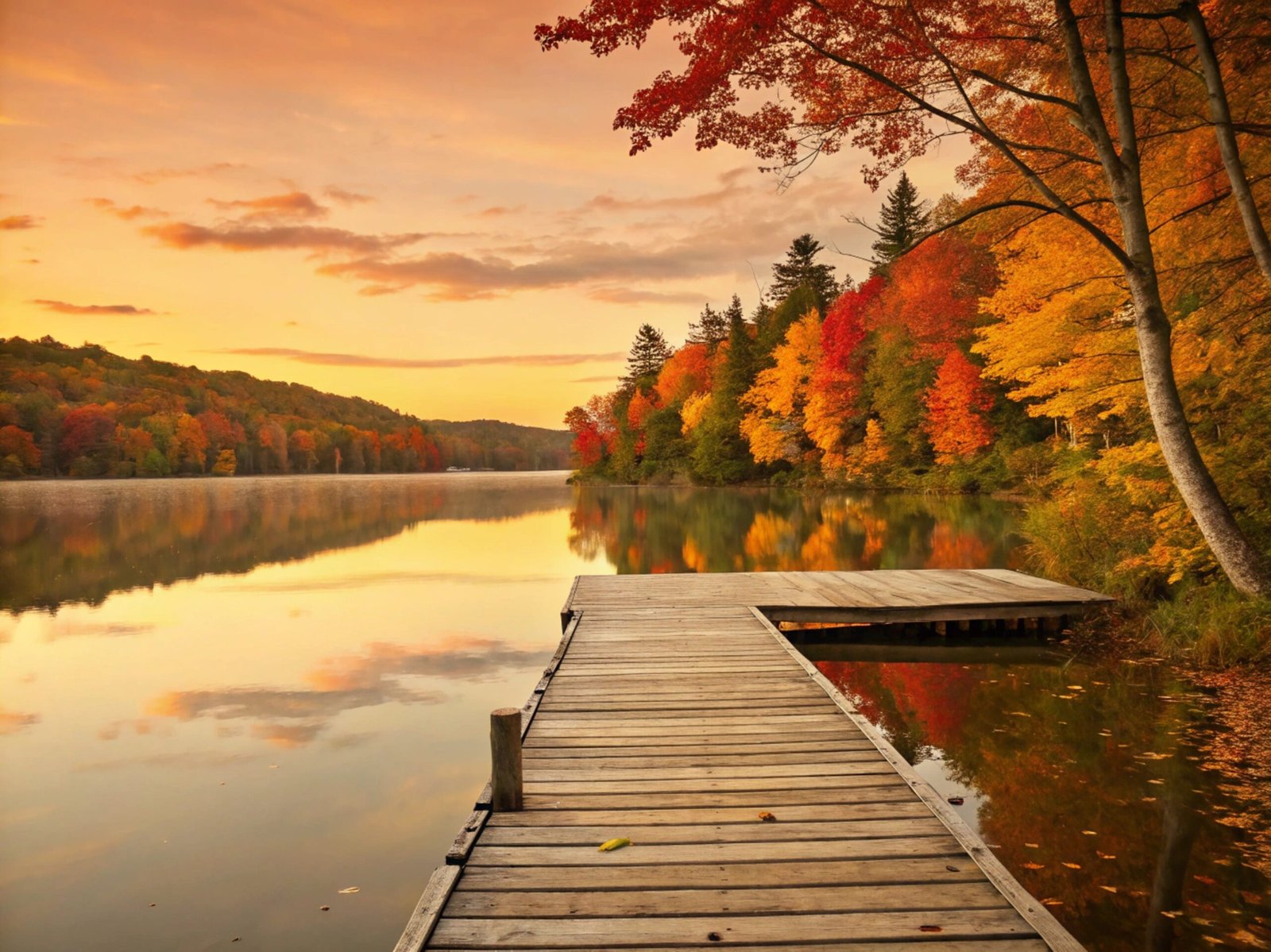 Tranquil Autumn Lake with Wooden Dock