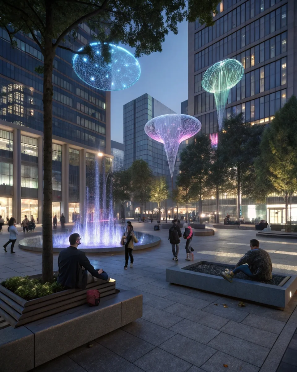 Holographic Urban Plaza - Glowing Portrait