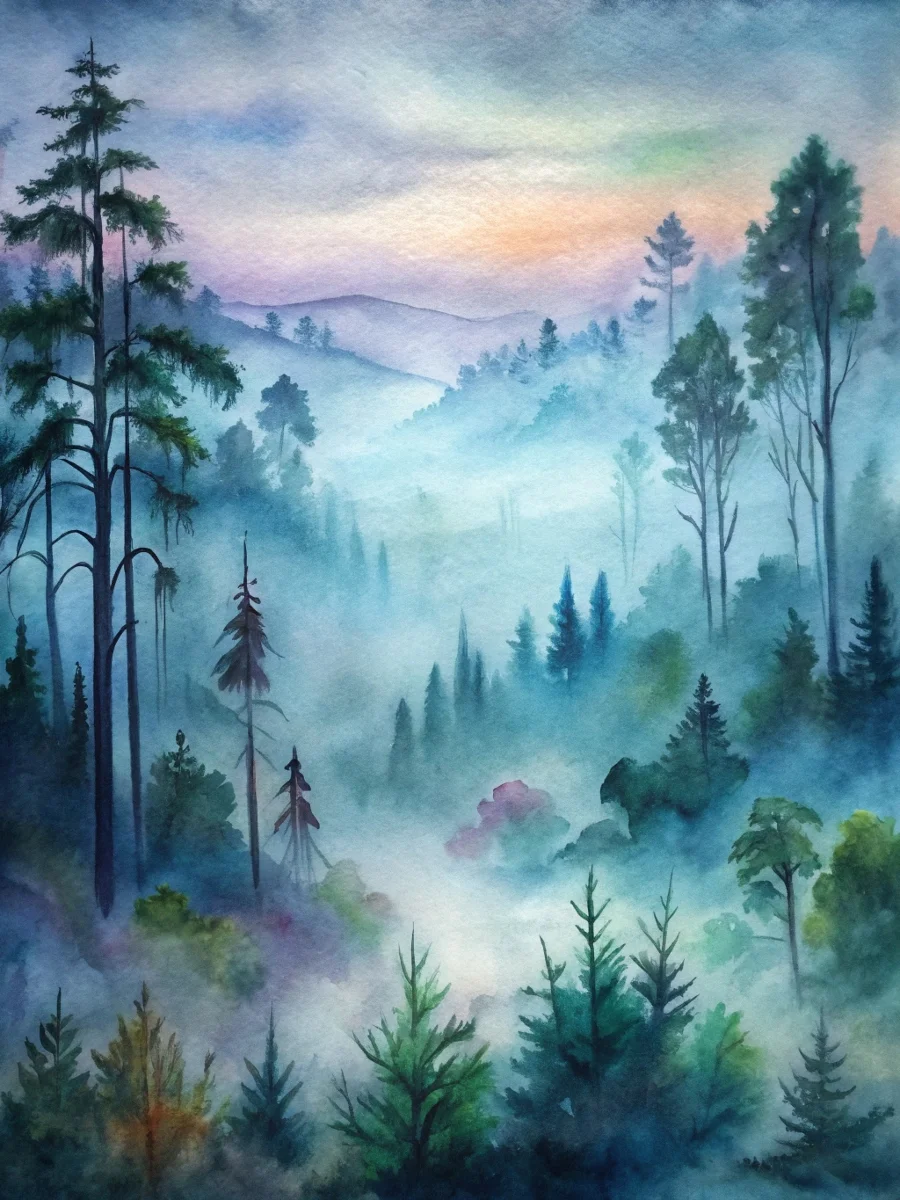 Misty Forest Dawn - Watercolor Serenity