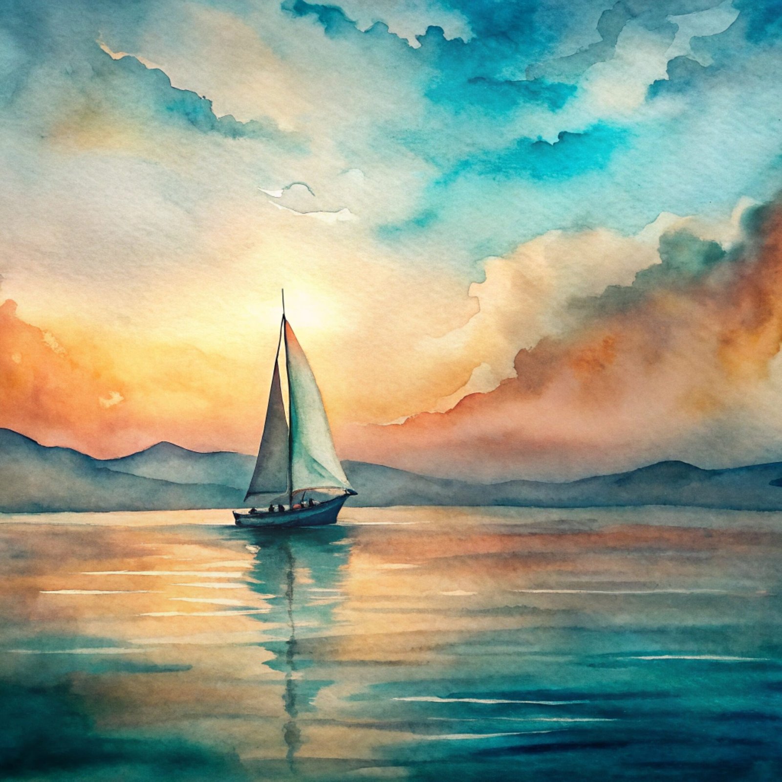 Lone Sailboat - Watercolor Solitude