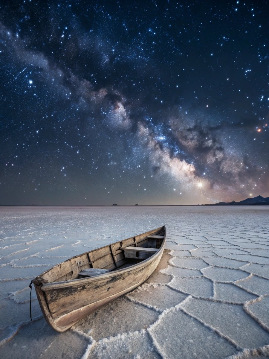 Starlit Salt Flat with Wooden Boat