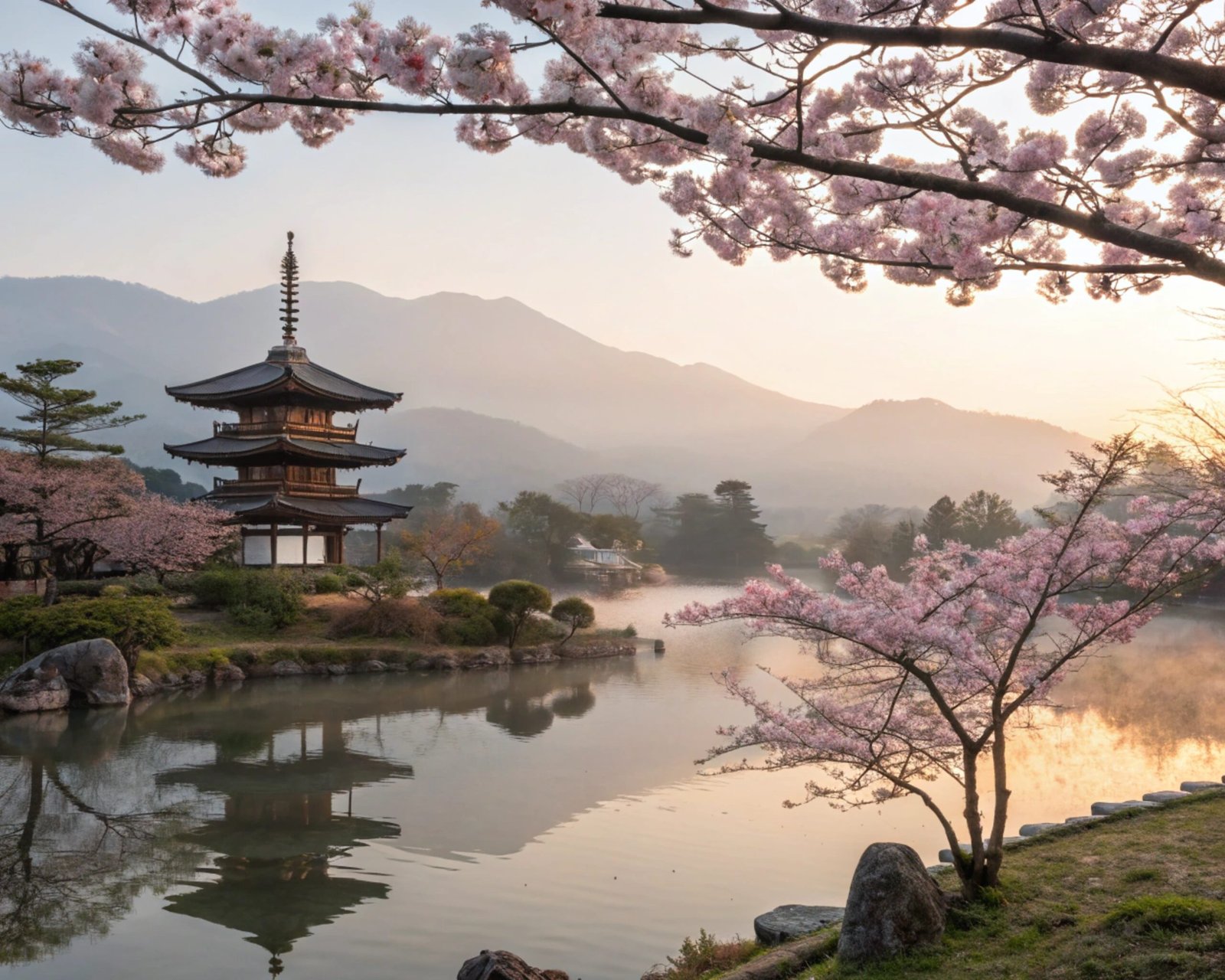 Japanese Garden with Cherry Blossoms