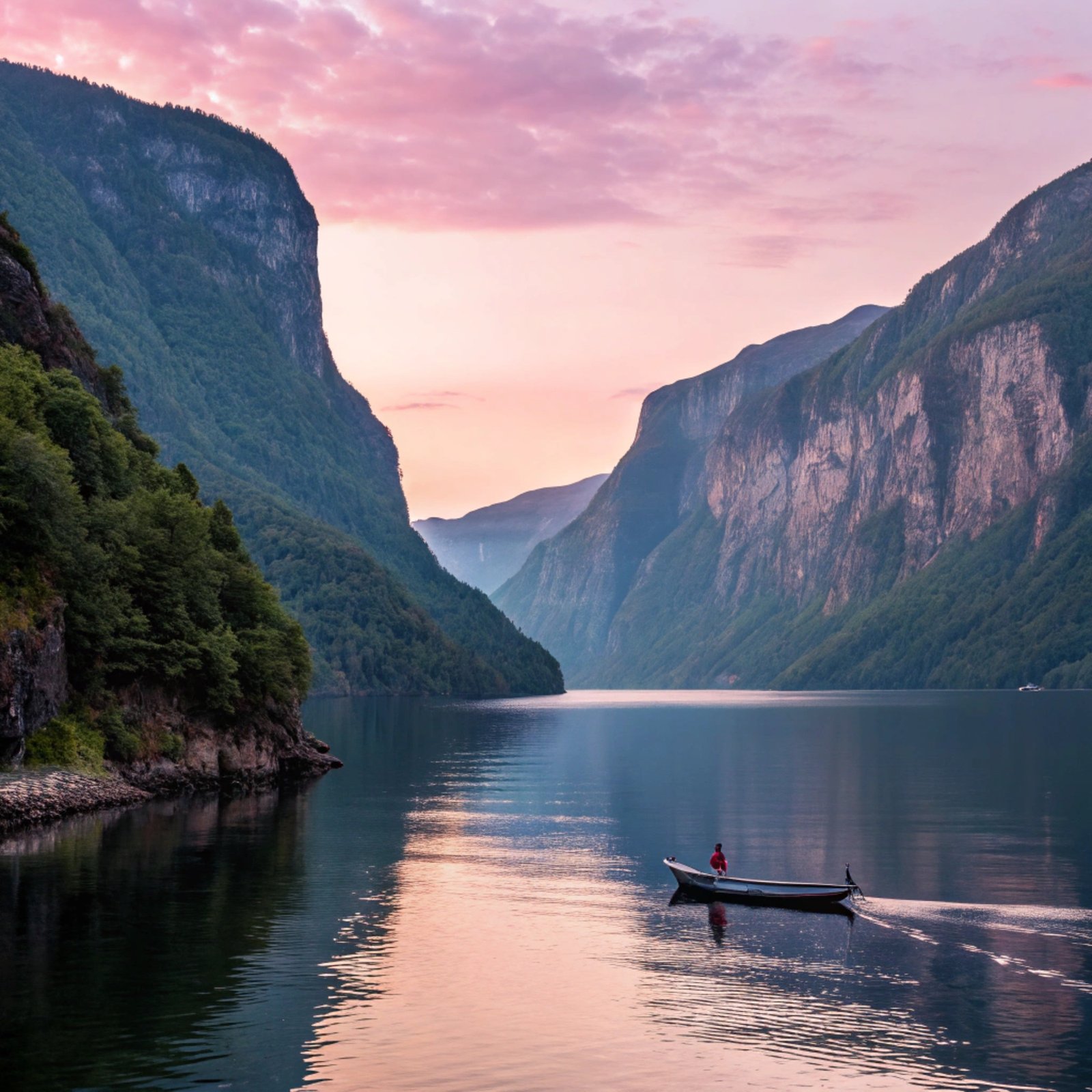 Fjord with Rowboat at Dawn