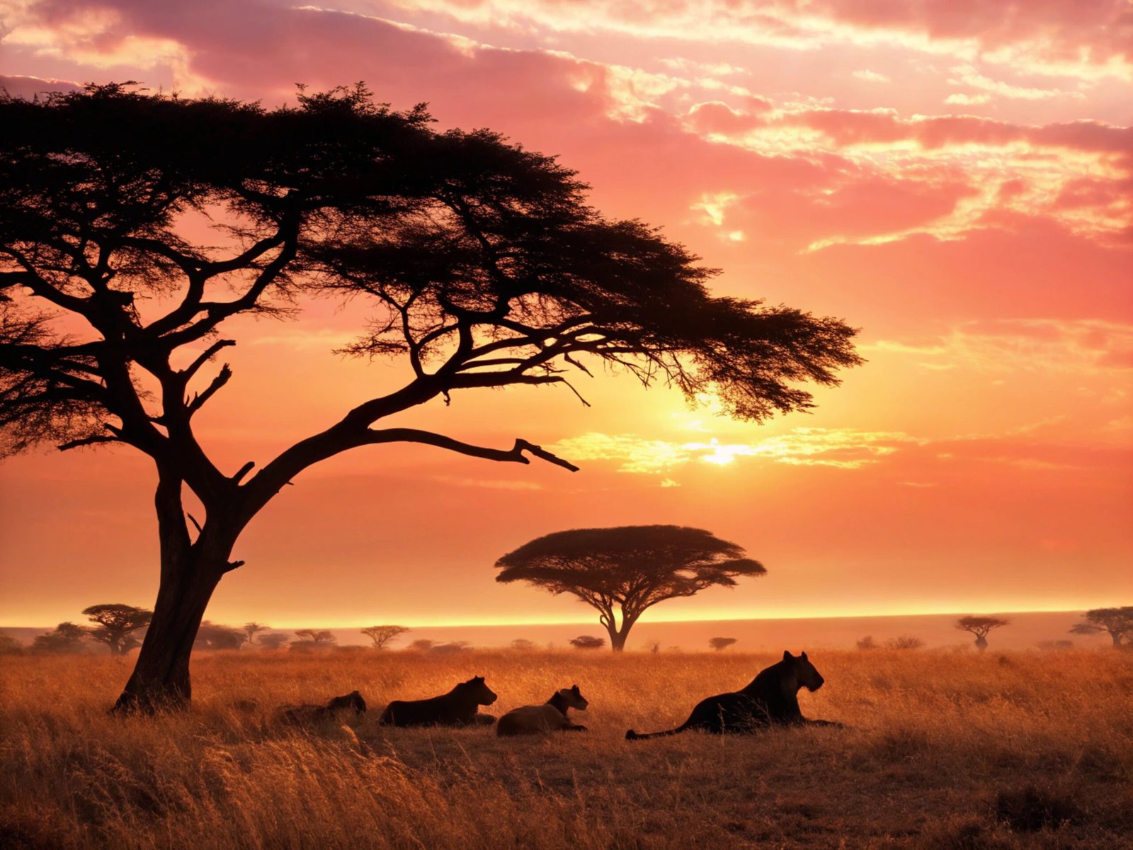 Savanna with Lions at Sunset