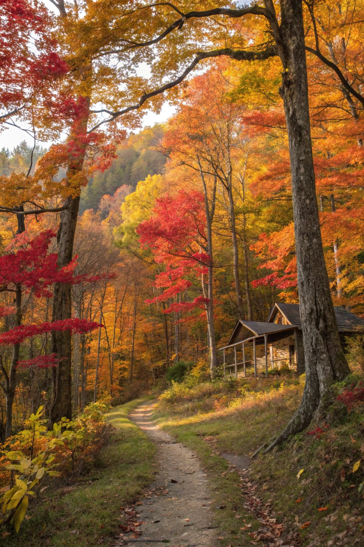 Autumn Forest with Rustic Cabin