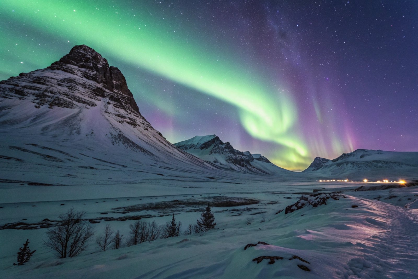 Tundra with Aurora at Midnight - Icy Landscape