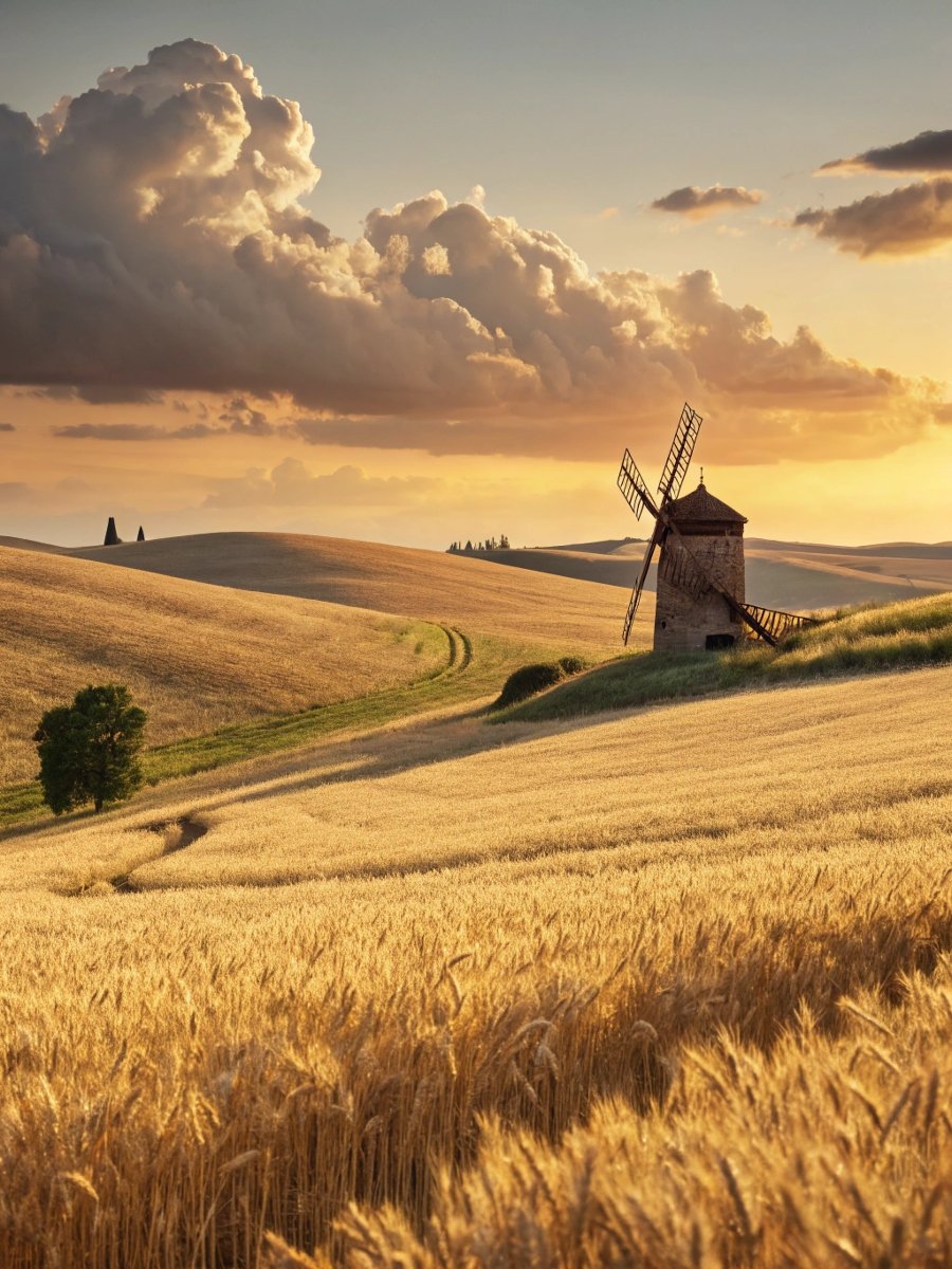 Golden Wheat Field with Windmill - Rustic Portrait