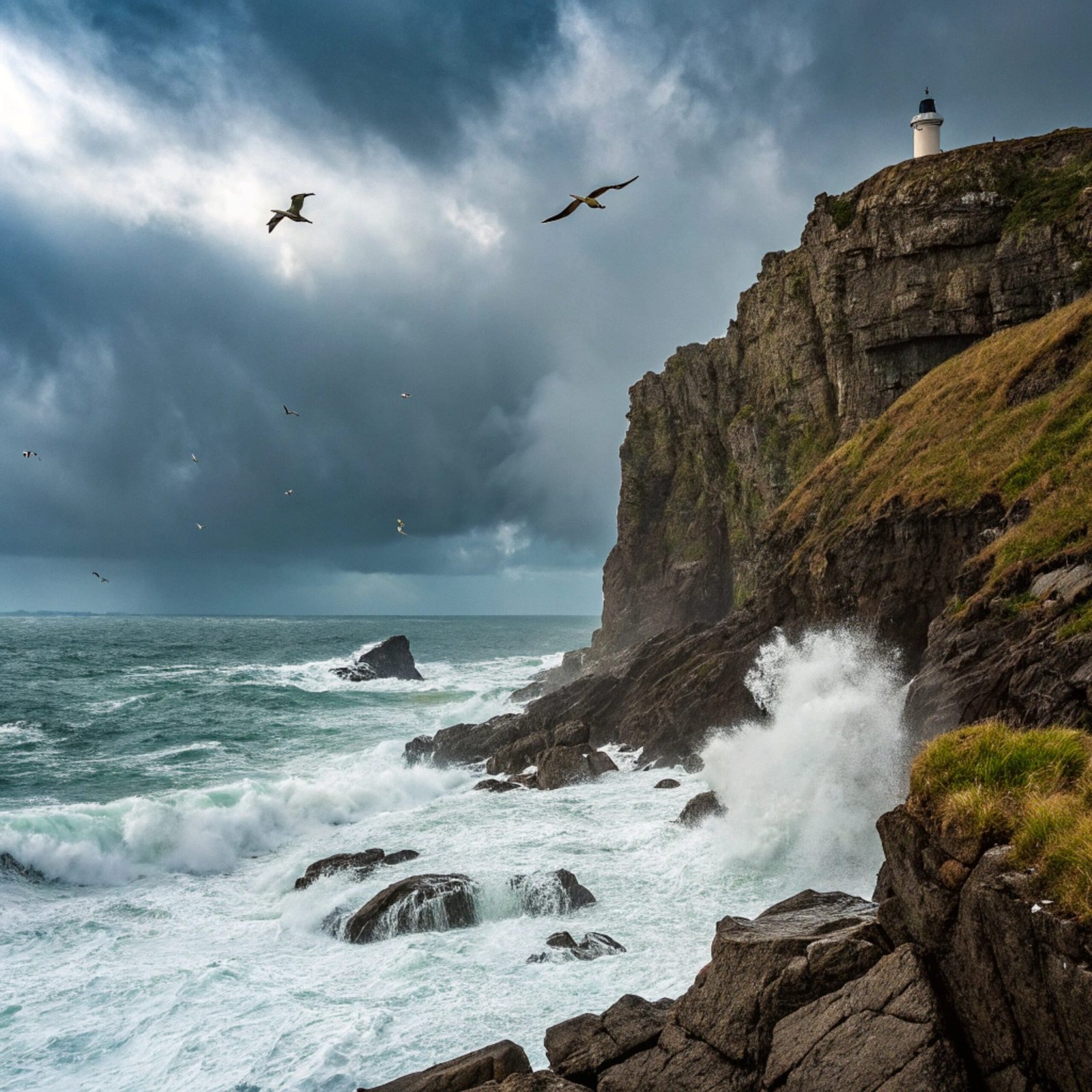 Stormy Coastal Cliff with Seagulls