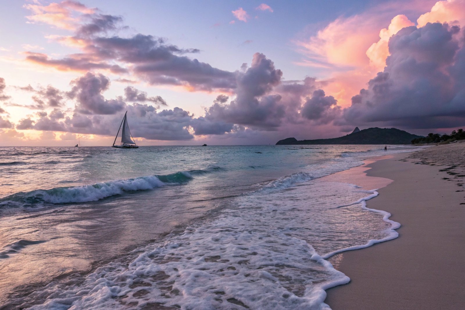 Twilight Beach with Sailboat
