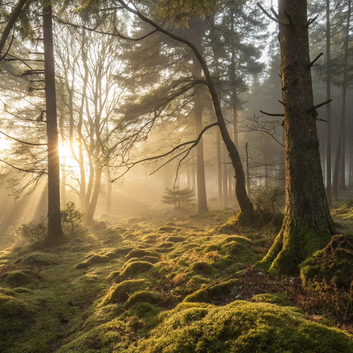 Misty Forest Dawn - Golden Beams