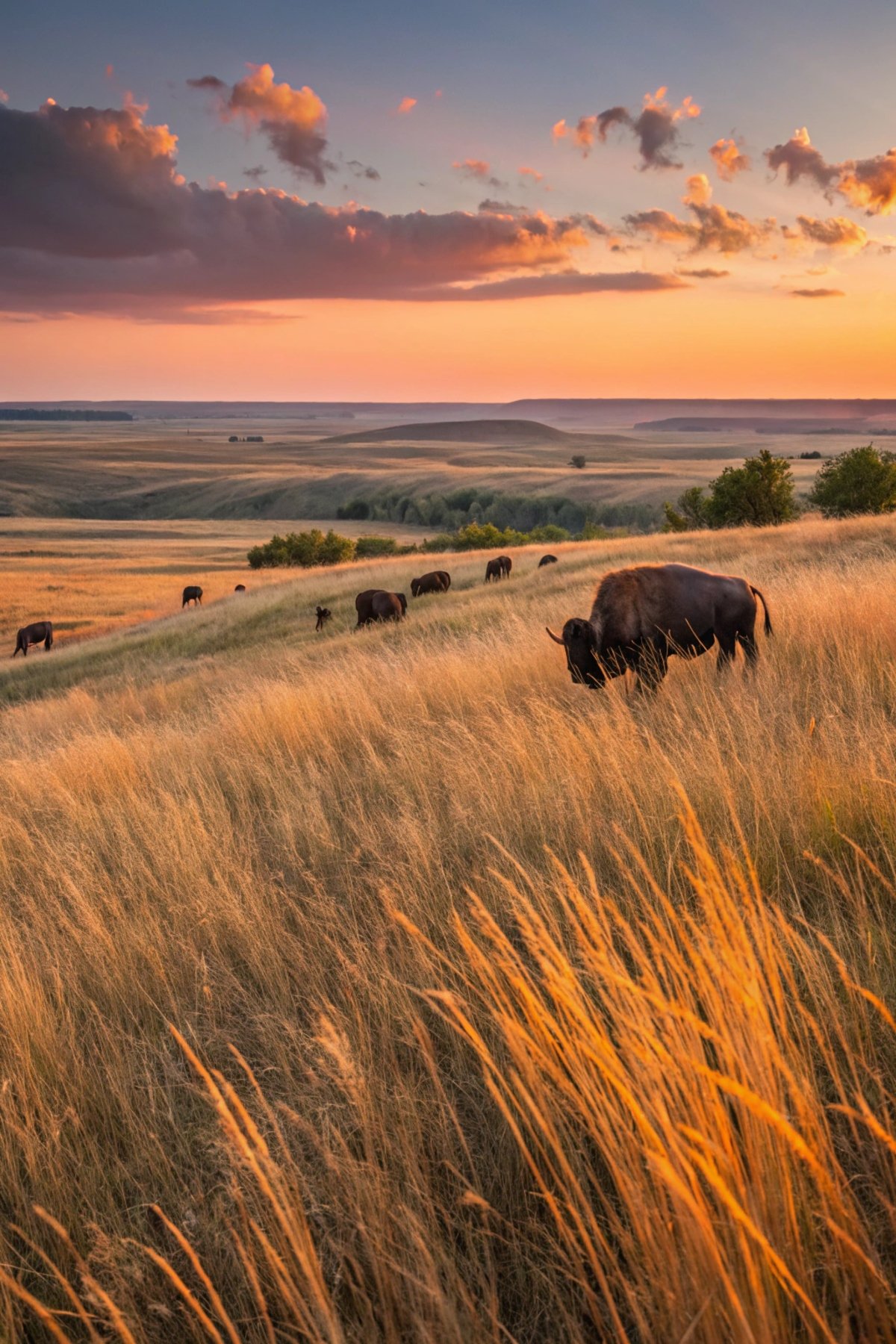 Prairie with Bison at Sunset