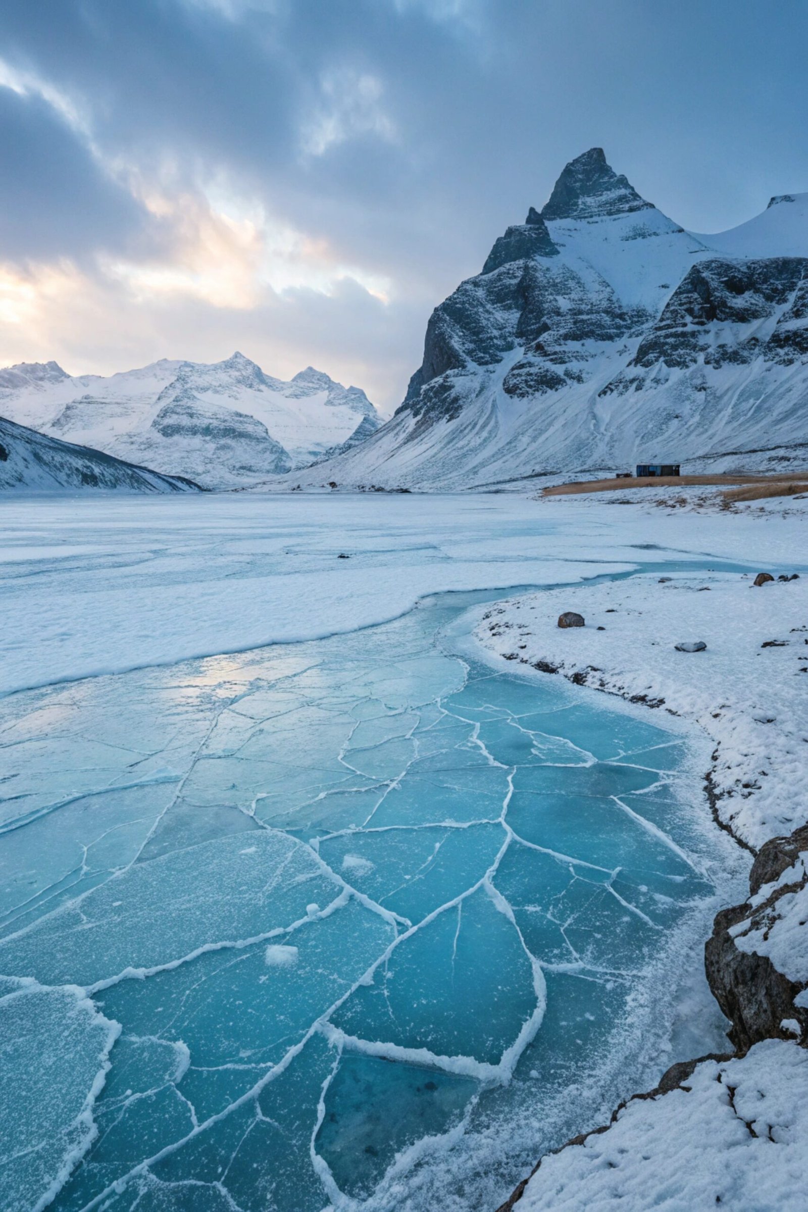 Frozen Glacier under Winter Sky