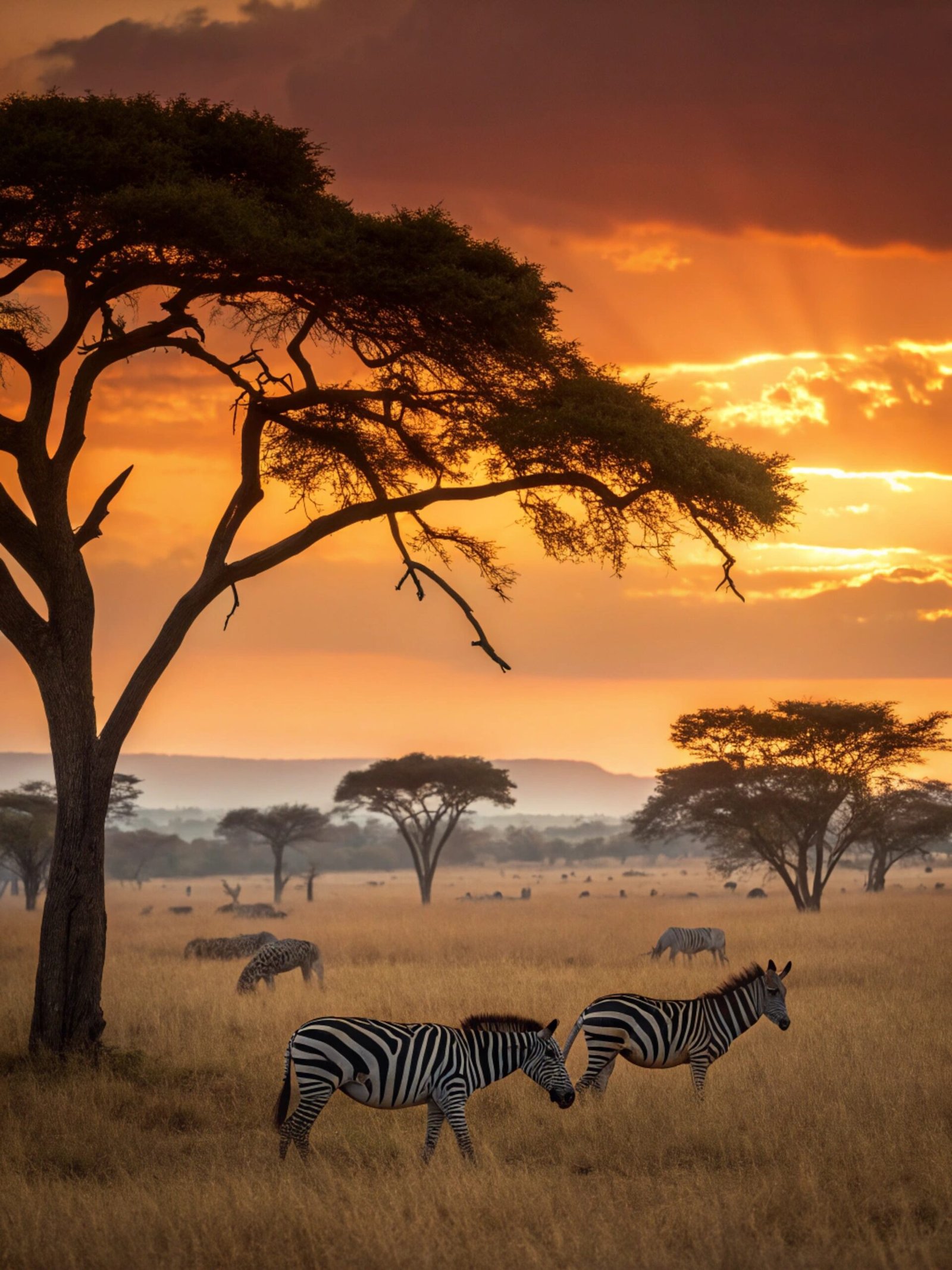 Savanna with Zebras at Twilight