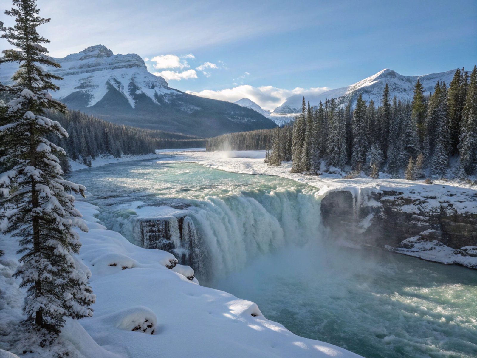 Frozen Waterfall with Snowy Pines