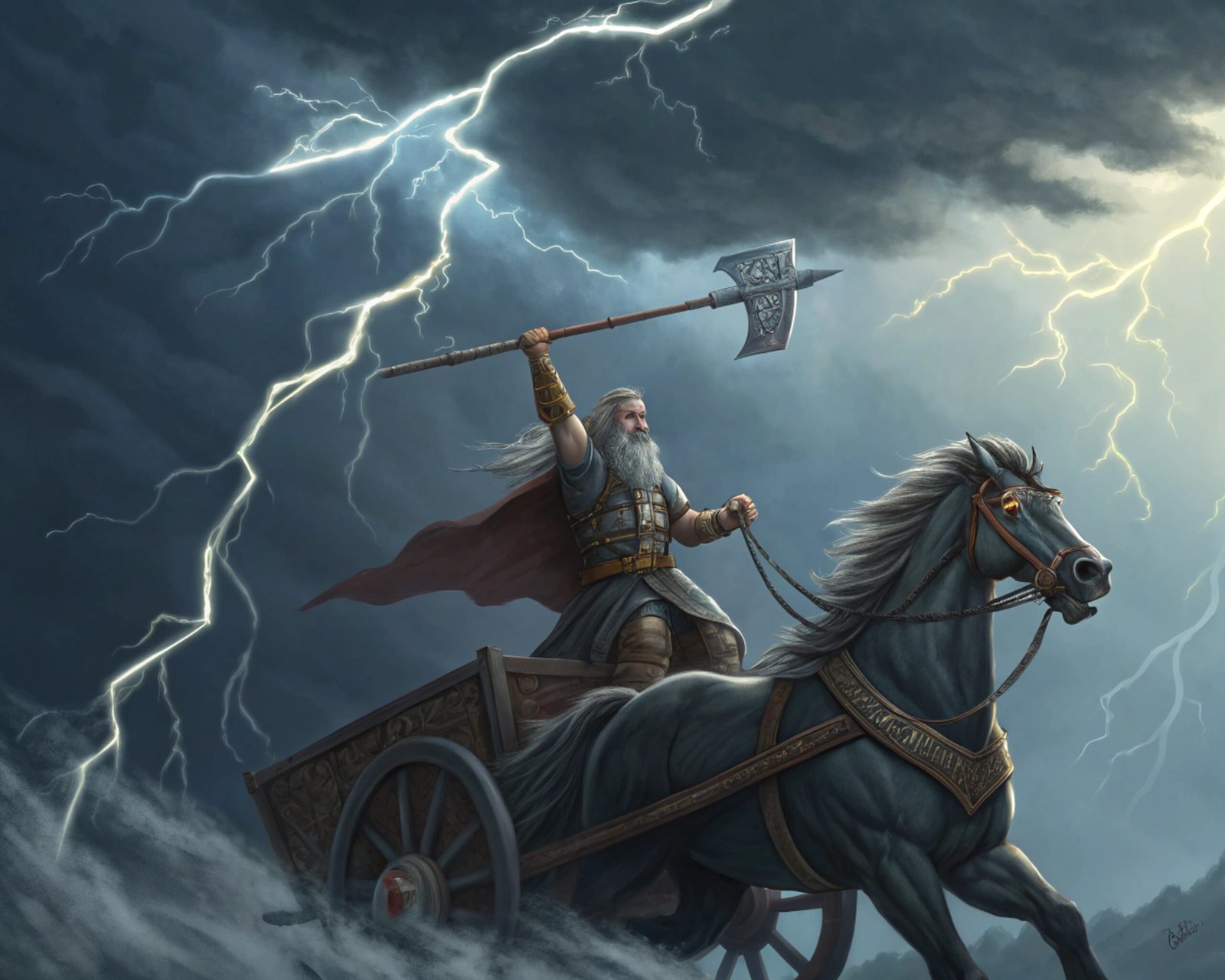 Perun Battling Dragon with Lightning Axe