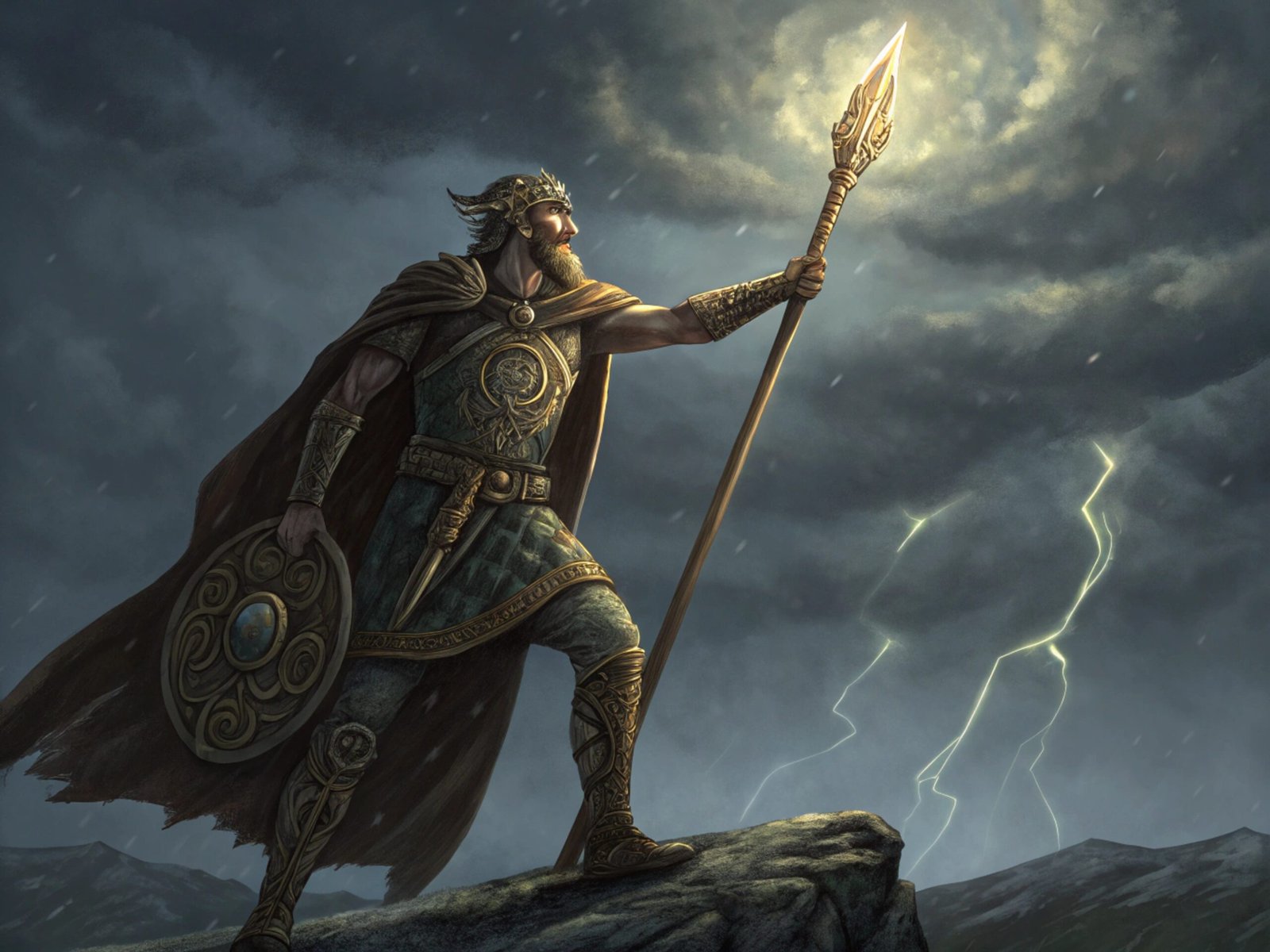Lugh Wielding Fiery Spear in Storm
