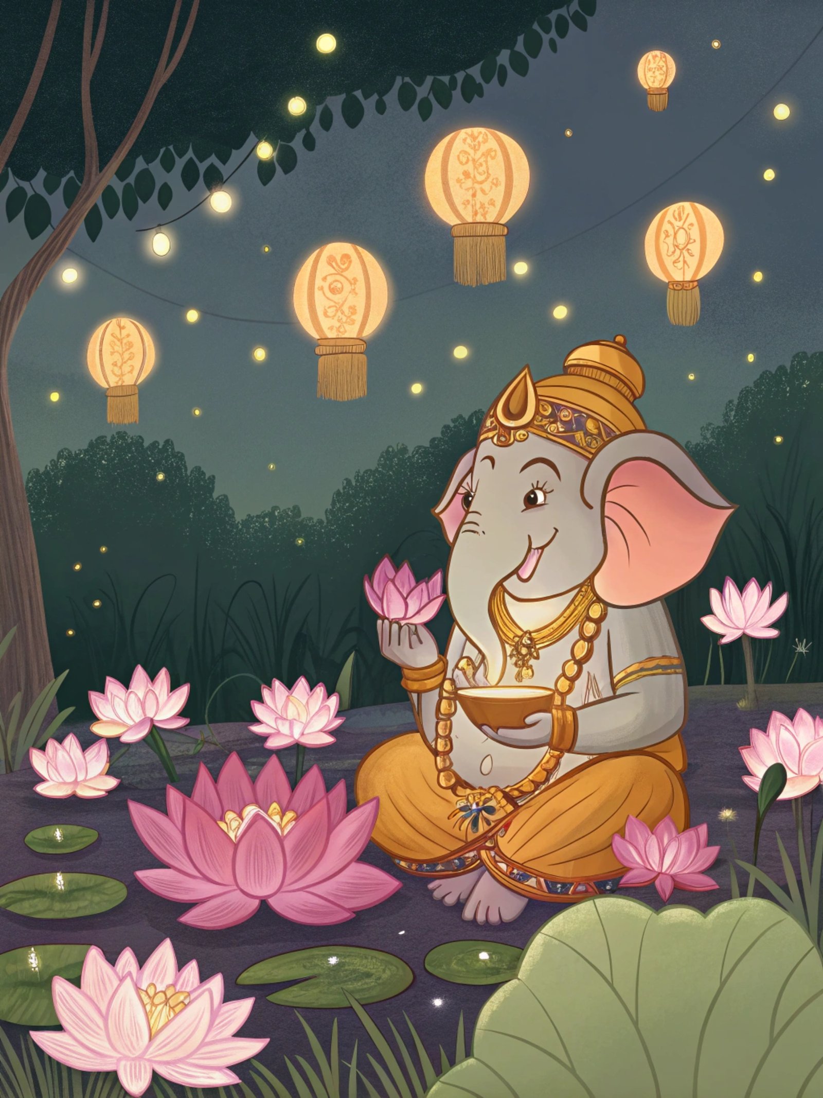 Ganesha in Lotus Garden with Lanterns
