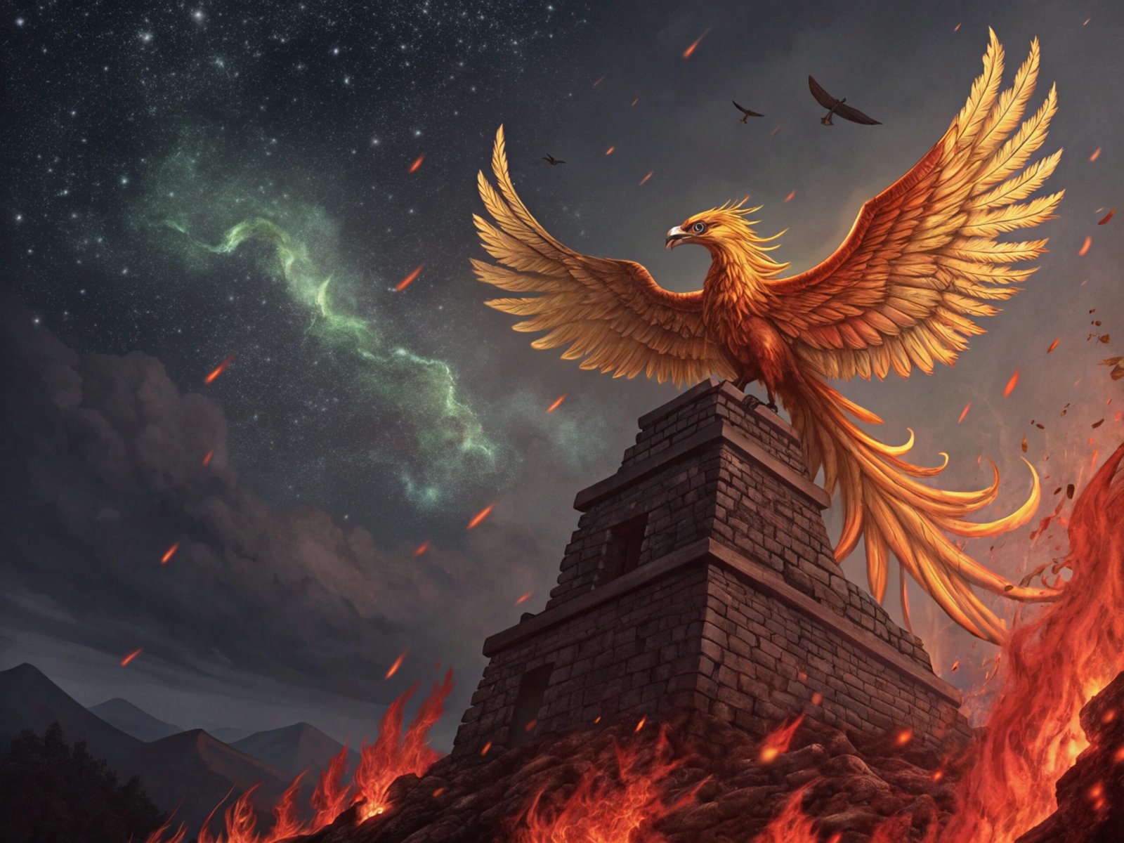 Phoenix Rising from Crimson Flames