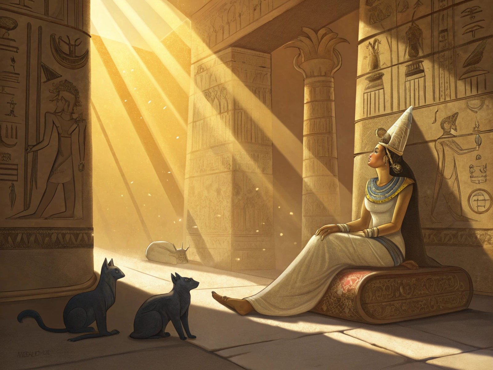 Bastet Lounging in Sunlit Temple