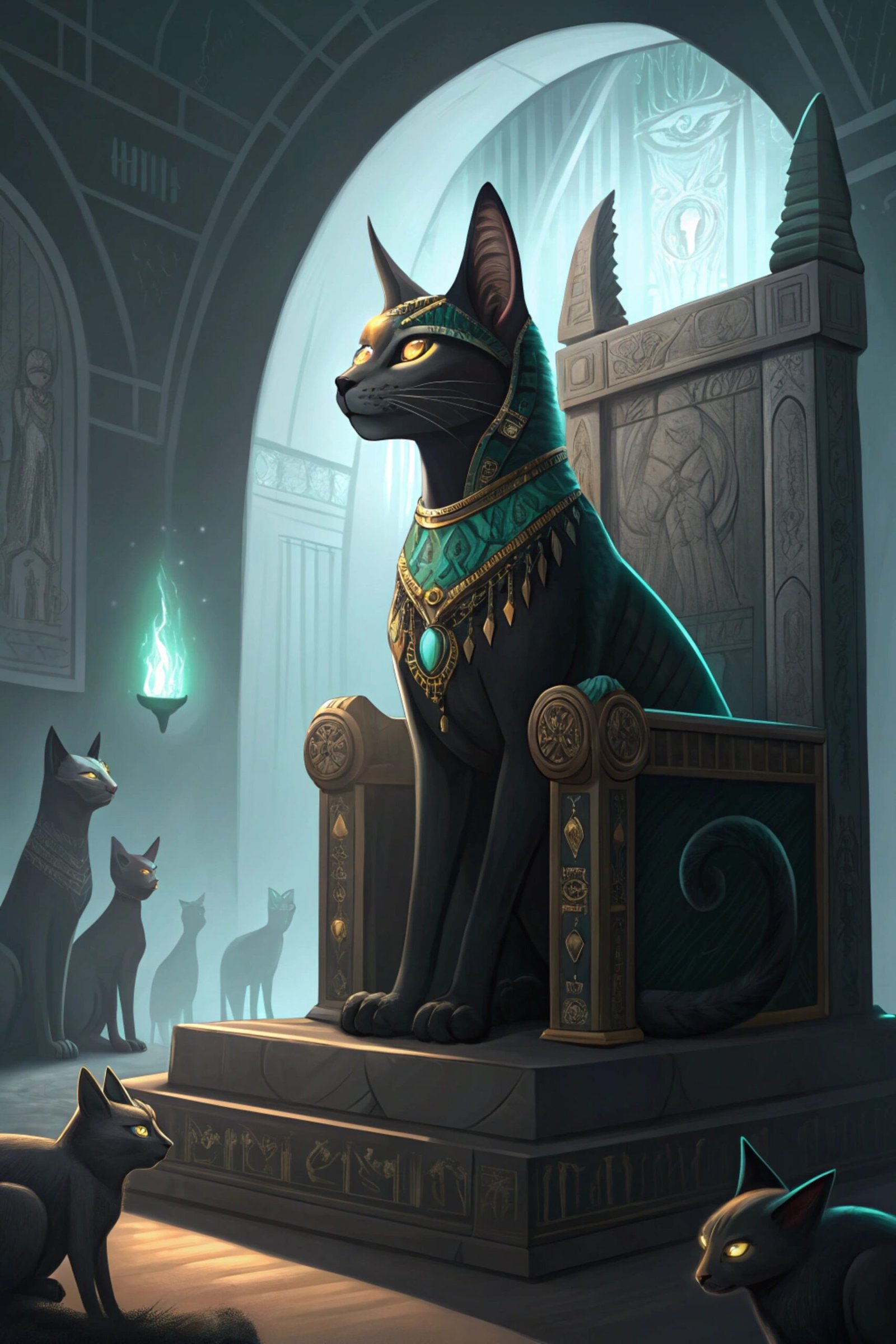 Egyptian Cat Goddess on Obsidian Throne