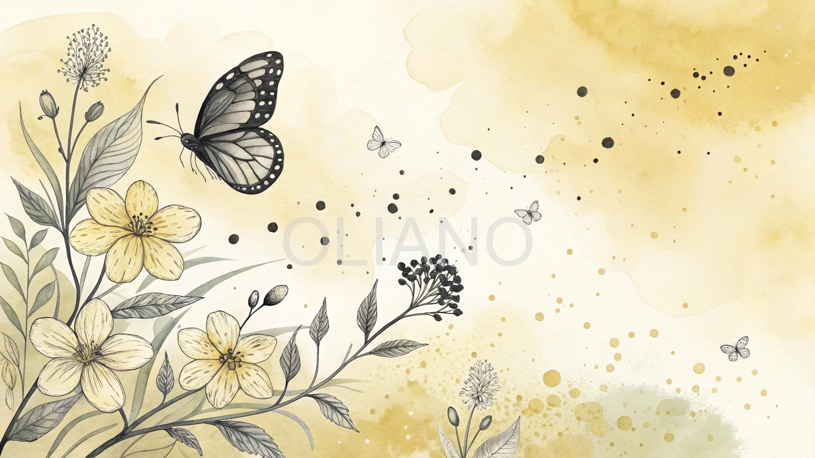 Pale yellow wash with blurred black splatters