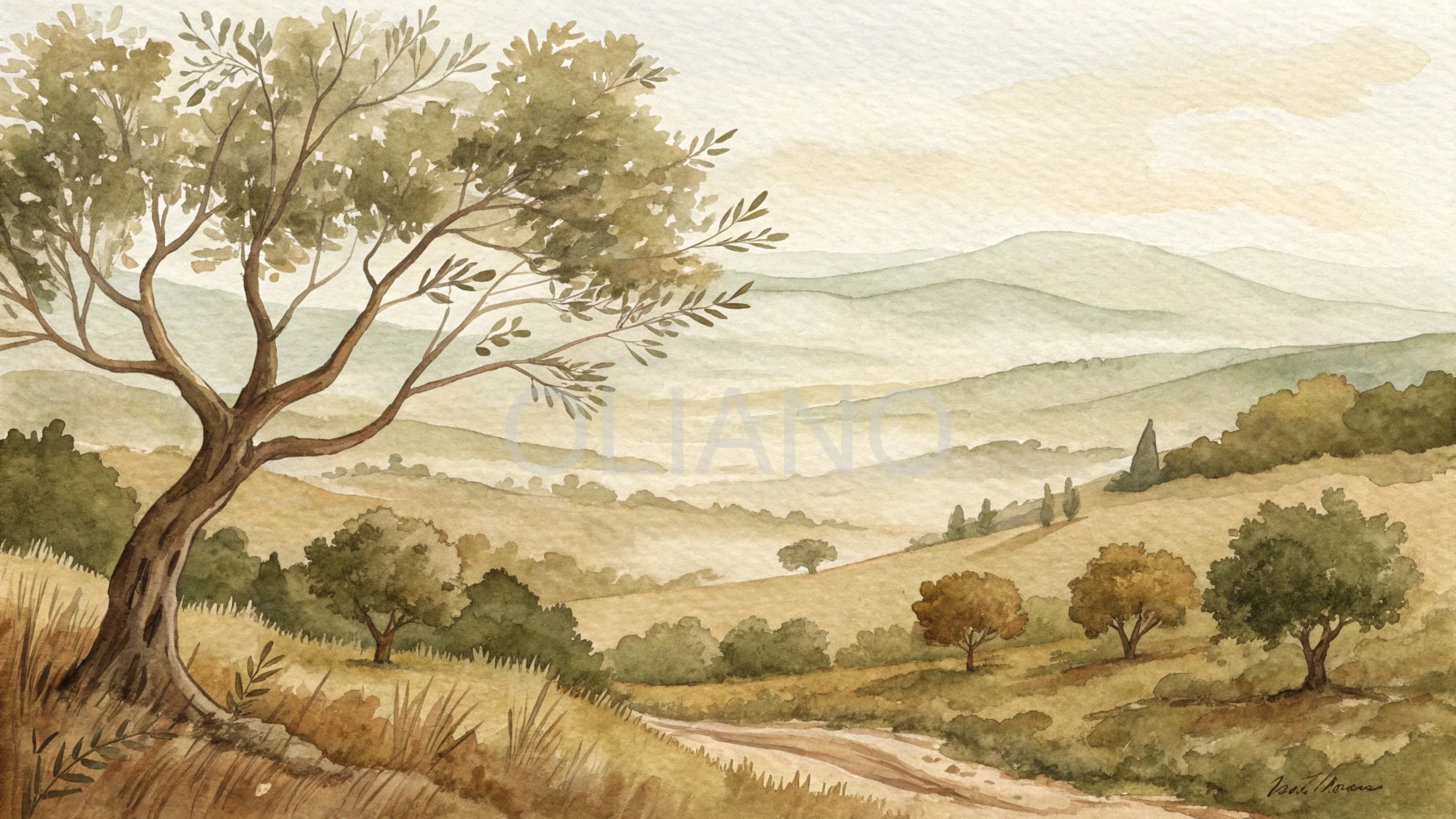 Olive green and raw umber dry brush