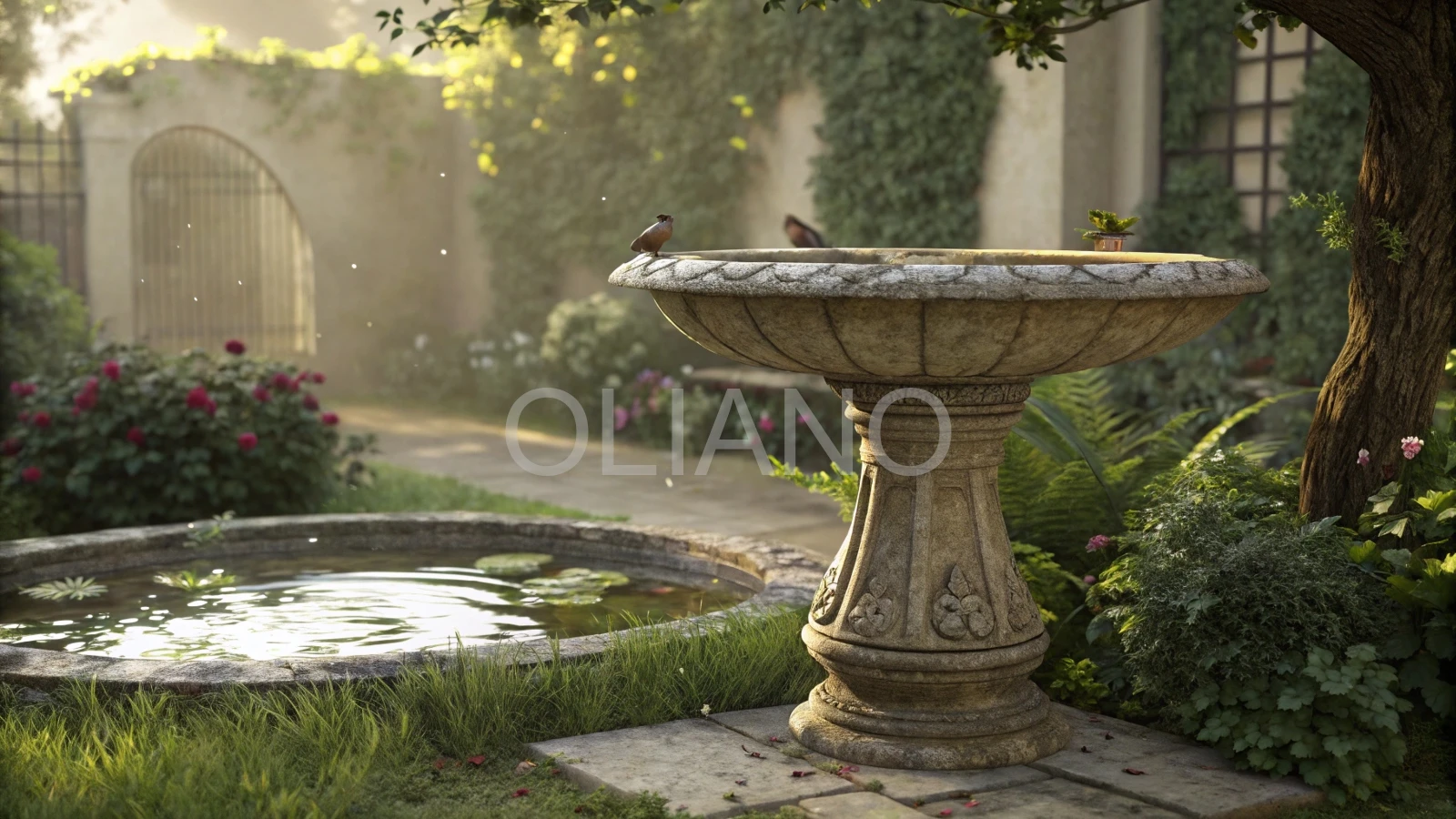 Classic birdbath in garden