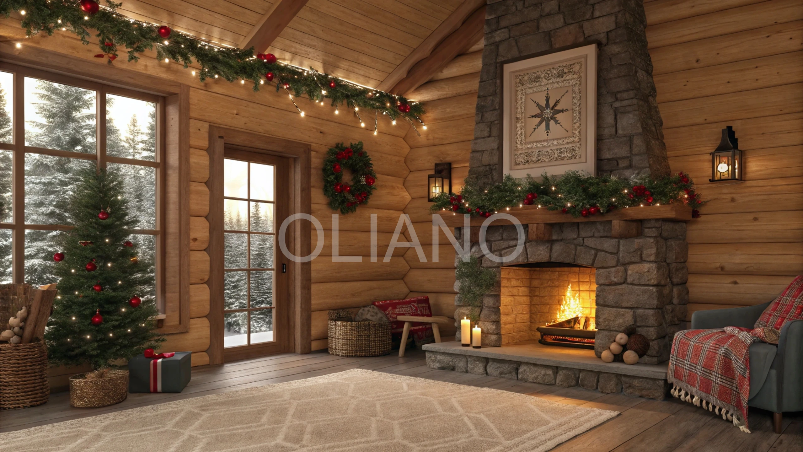 Cozy cabin interior hint with garland