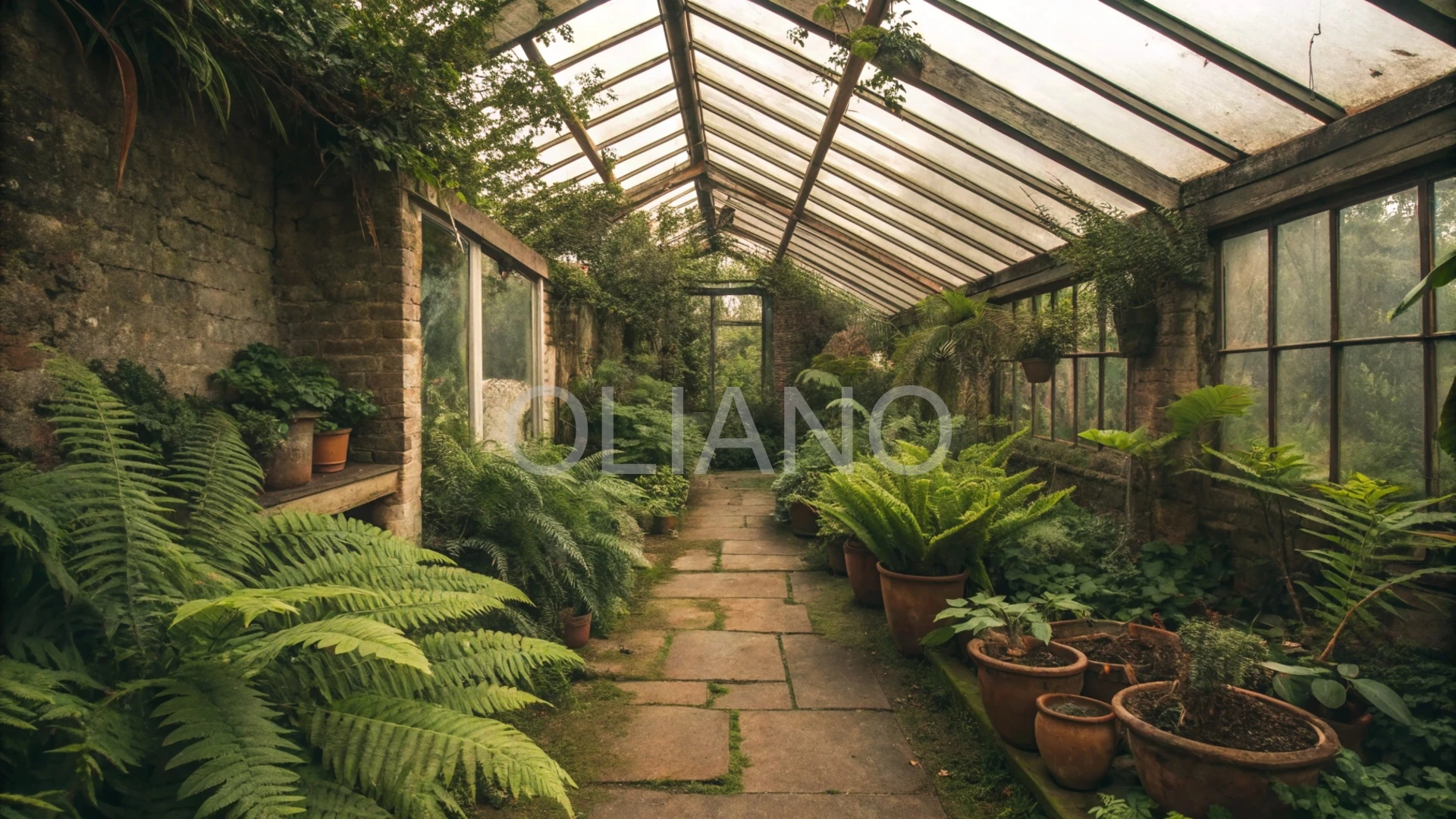Old greenhouse with ferns