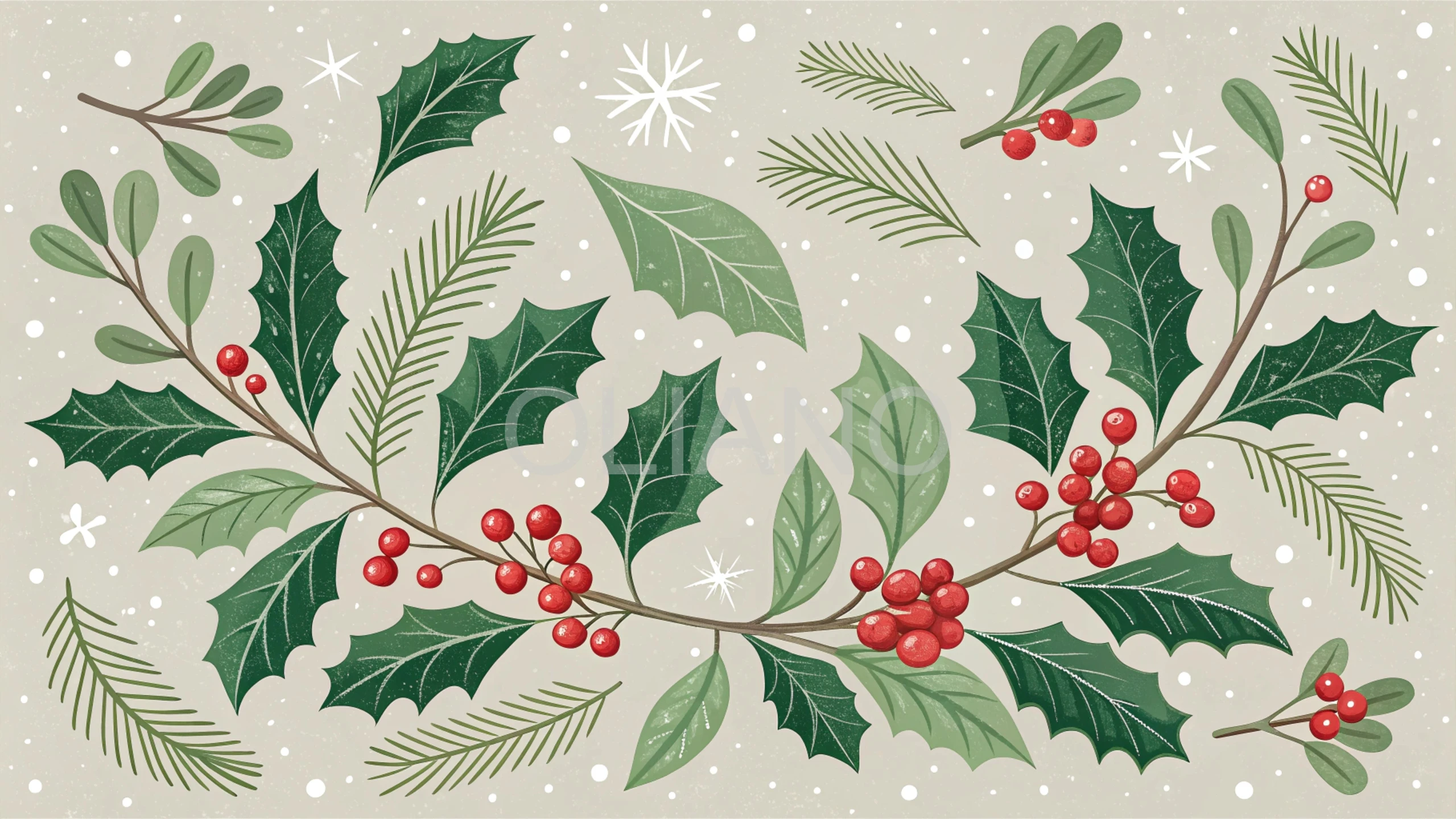 Stylized mistletoe and holly branches