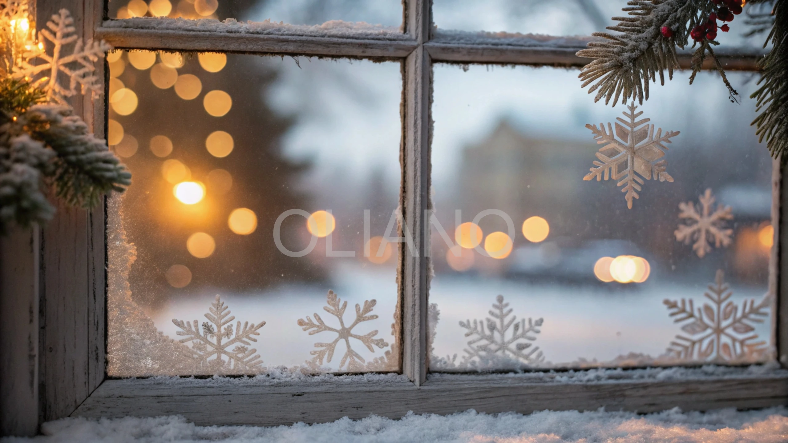 Icy window pane with blurred light